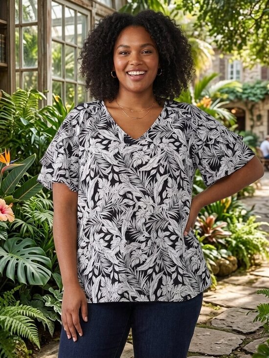 Lane Bryant Tops - Lane Bryant Size 24 Black White Tropical Leaf Ruffle Flutter Sleeve VNeck Blouse